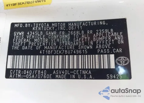 2011 Toyota Camry из США, поврежденный, VIN 4T1BF3EK7BU749615